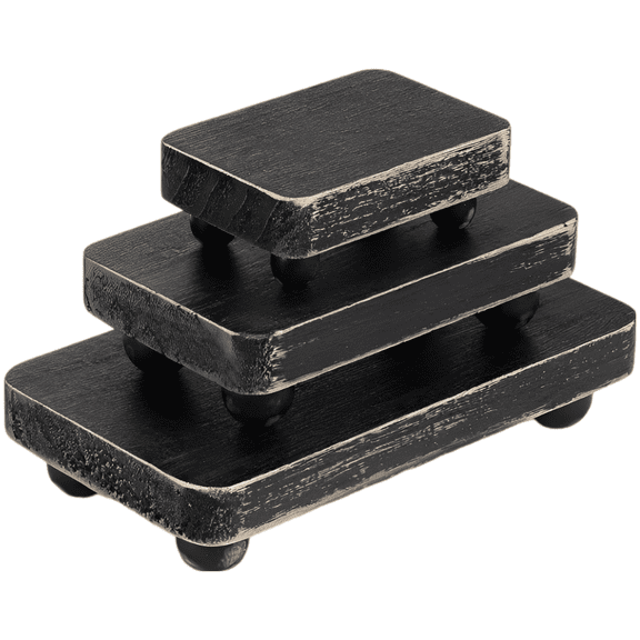 3 Pcs Wooden Riser Stand Set, Rustic Stackable Display Pedestals with Wood Legs, Farmhouse Black Shelves for Candles, Plants, Perfume, Decor
