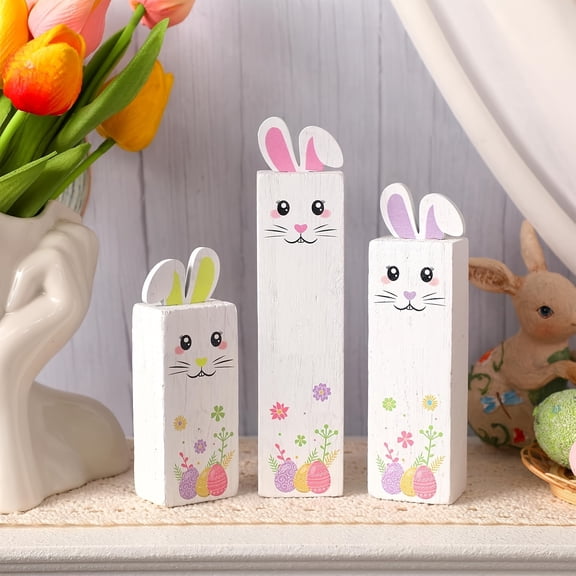 3 Pcs Wooden Spring Easter Bunny Table Decorations Rabbit Block Centerpieces for Easter Party Table Settings Spring Home Decor Ornaments