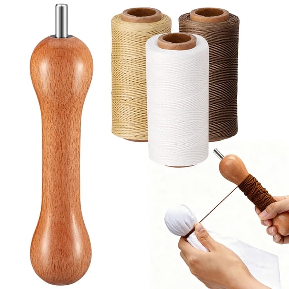 3 Spools Flat Waxed Thread with 1 Wooden Thread Winder Set – White, Brown, Beige Thread for DIY Sewing, Tie Dye, Leather Craft & Beginner Textile Art