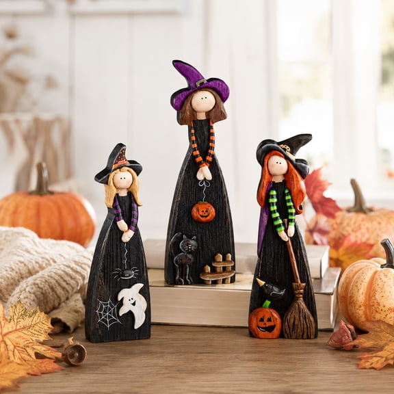 3 Pcs Wooden Witch Halloween Indoor Decoration, Farmhouse Witch Figurines, Tabletop Decor for Mantel, Shelf, Tiered Tray