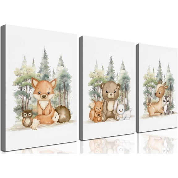 3 Pcs Woodland Animal Nursery Canvas Wall Art Cute Wild Animals Poster Print Fox Bear Deer Painting Picture for Kids Room Boys Girls Room Wall Decor Framed