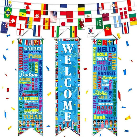 3 Pcs World Flag Banner Flag Decoration Welcome International Banner Porch Sign Country Flags for International Party Supplies Around The World Sports Events Club Classroom Decor (Welcome)
