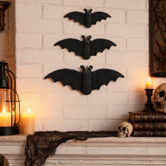 3 Pcs Woven Bat Wall Hanging Halloween Decor, 3D Scary Handcrafted Black Rope Bats, Rustic Natural Farmhouse Halloween Creepy Decorations for Home Fireplace Door, 9.06/7.48/6.3 Inch