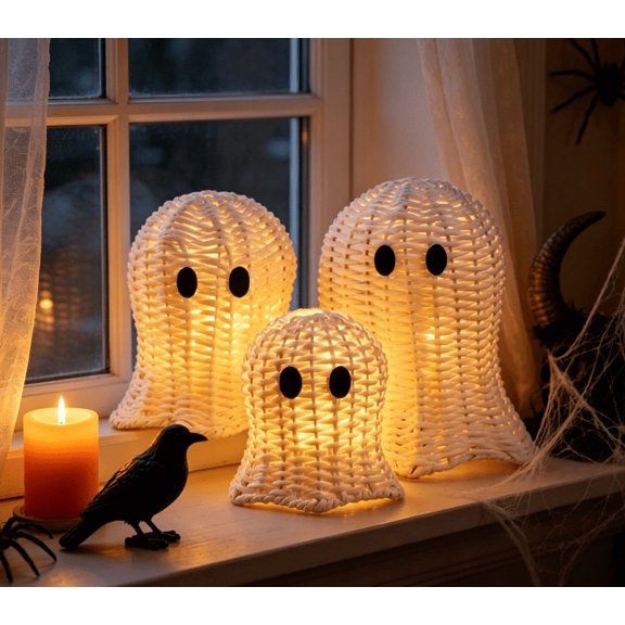 3 Pcs Woven Ghost Decor with LED String Lights, 2026 Upgraded Stable Base Rattan Ghost Set, Mini Lighted Ornaments for Halloween Party, Living Room Cabinet & Tiered Tray Layouts
