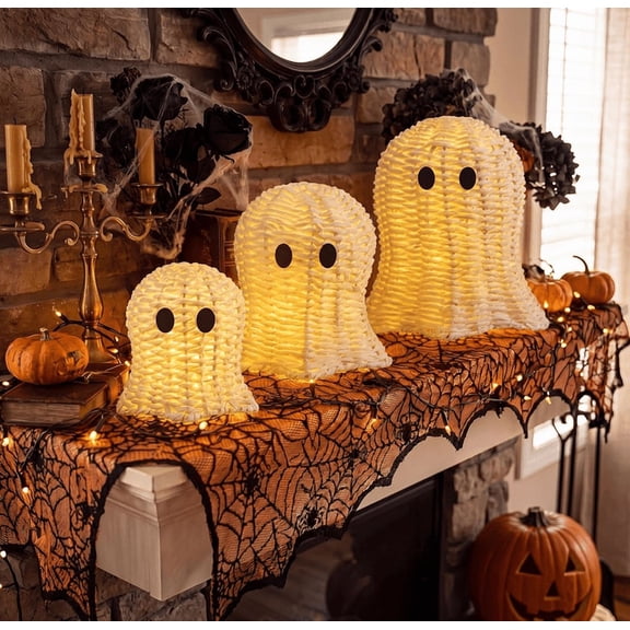 3 Pcs Woven Ghost Decor with LED String Lights, 3 Sizes Natural Rattan Ghost Statues, Battery Operated Warm Lights, Rustic Halloween Centerpieces for Desk Shelf & Party Home Decor