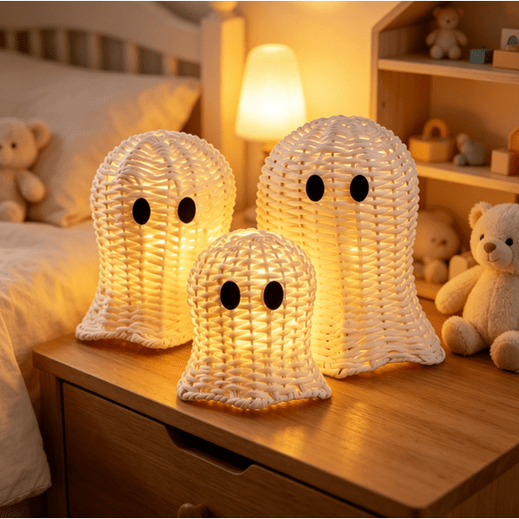 3 Pcs Woven Ghost Decor with LED String Lights, 3 Sizes Natural Rattan Ghost Statues, Battery Operated Warm Lights, Rustic Halloween Centerpieces for Desk Shelf & Party Home Decor