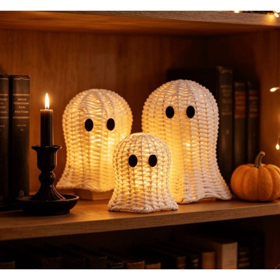 3 Pcs Woven Ghost Decor with LED String Lights, Multi-Size Handcrafted Rattan Ghosts, Gentle Warm White Lighting, Versatile Ornaments for Fall Themed Wedding & Bedroom Desktop Decor