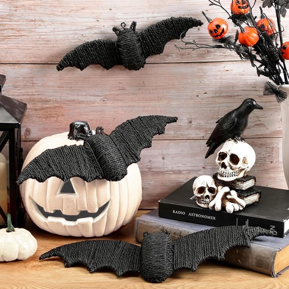 3 Pcs Woven Rattan Bat Wall Hanging Halloween Decor, 3D Scary Handcrafted Black Rope Bats, Rustic Natural Farmhouse Halloween Creepy Decorations for Home Fireplace Door