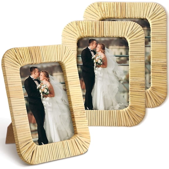 3 Pcs Woven Rattan Picture Frame, 5x7 Inches Boho Farmhouse Style Rattan Photo Frames Vertical Wicker Picture Frames for Desk, Decorative Tabletop Display for Home Decor Accessories