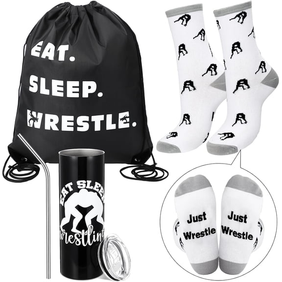 3 Pcs Wrestling Gift Set for Wrestler Team Competition Men Women Teen Include 20oz Tumbler Sock Bag Wrestle Lover Accessories Stuff Stainless Steel Cup Appreciation Birthday Gift
