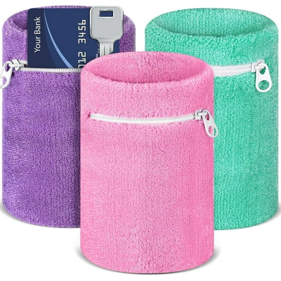 3 Pcs Wrist Wallet with Zipper, Cotton Wristband Pocket Wrist Pouch, NOGIS Key Holder for Gym Sports Running Walking Hiking Travel (Green, Pink, Purple)