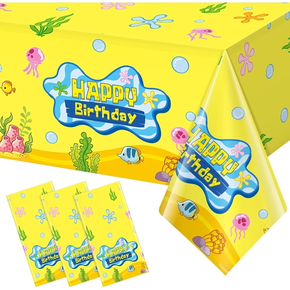 3 Pcs Yellow Birthday Tablecloth Decorations, Disposable Ocean Jellyfish Seaweed Tablecloth Happy Birthday Table Cover for Rectangle Table Baby Shower Party Supplies, 108x54 Inch