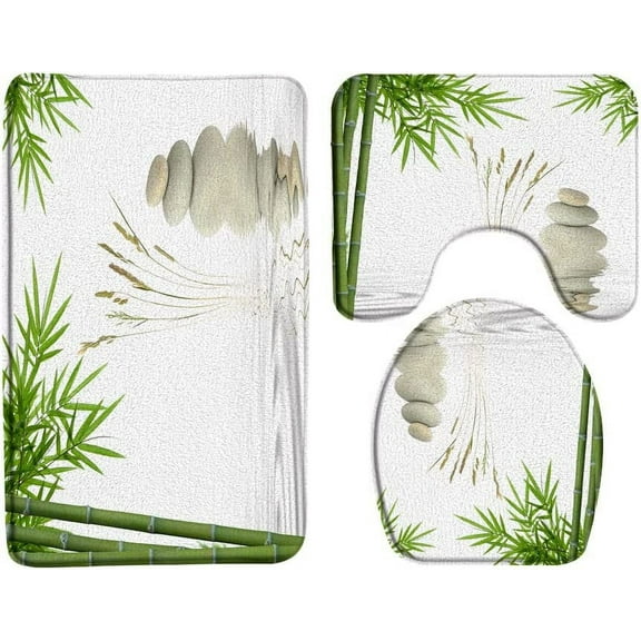 3 Pcs Zen Stone Bath Mat Bamboo Wild Grass Green Leaf Rock Reflection in Water Asian Japanese Garden Microfiber Memory Foam Bath