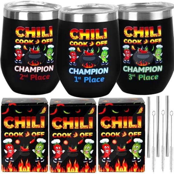 3 Pcs chili cook-off prize trophies - 1st, 2nd, 3rd place insulated stainless steel tumblers.