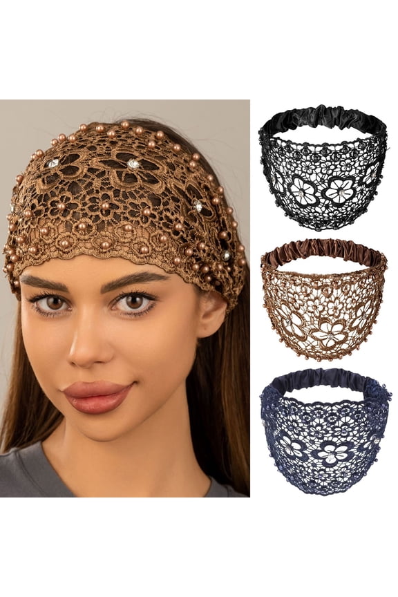 3 Pcs Lace Headbands for Women, Wide Floral Pearl Lace Elastic Headbands Hair Accessories for Women Fashion