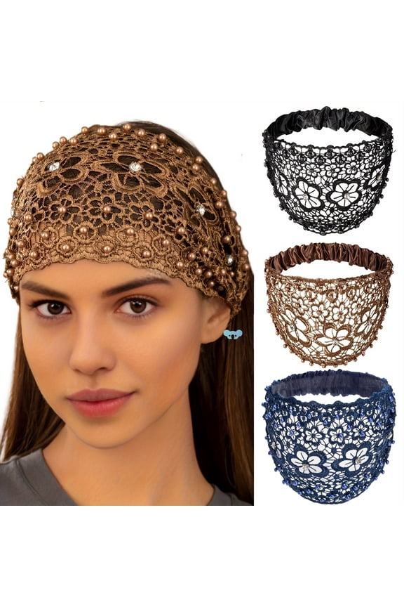 3 Pcs lace headbands for women,Wide Floral Pearl Lace Elastic Headbands Hair Accessories for Women Fashion