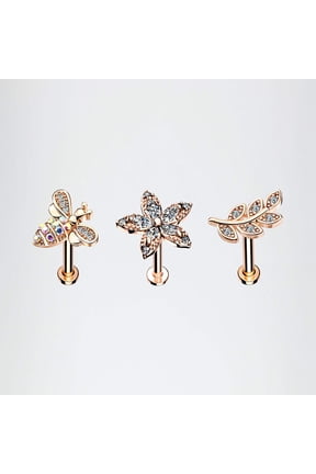 3 Pcs of Assorted Rose Gold Honey Bee Flower Leaf Internally Threaded Labret Package