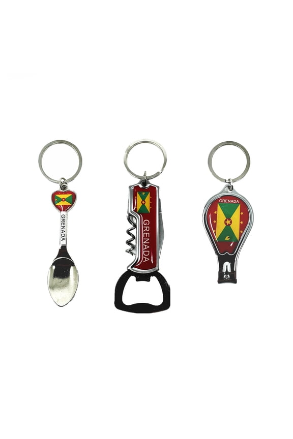 3 Pcs of Grenada Keychain Souvenirs bulk, Metal Ring, Grenadian Gift Bundle