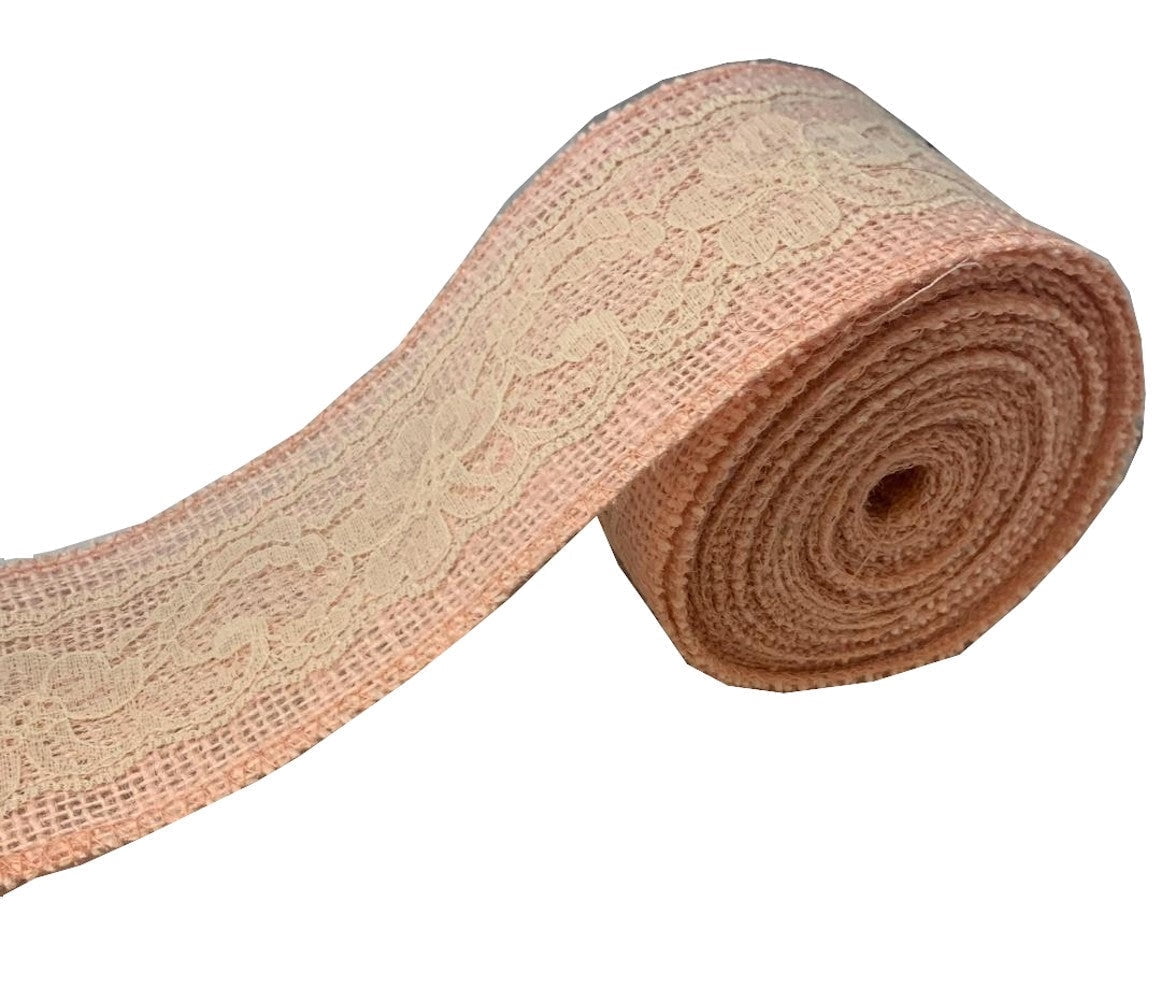3 Peach Burlap Ribbon W Ivory Lace 5 Yard Roll Made In Usa-,