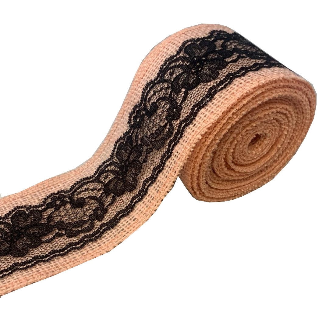 3 Peach Burlap Ribbon With Black Lace 5 Yard Roll Made In Usa-,