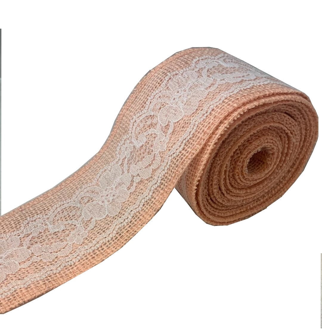 3 Peach Burlap Ribbon With White Lace 5 Yard Roll Made In Usa-,