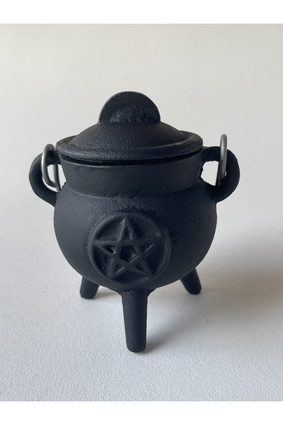3" Pentagram Pentacle Cast Iron Cauldron with Lid and Handle, Witches Cauldron, Great for Use with Charcoal Incense, Smudge Sage