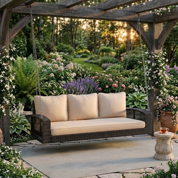 3-Person 69" PE Wicker Porch Swing with Chains, All-Weather Large Patio Swing Bench with Cushions for Backyard, Garden, and Poolside
