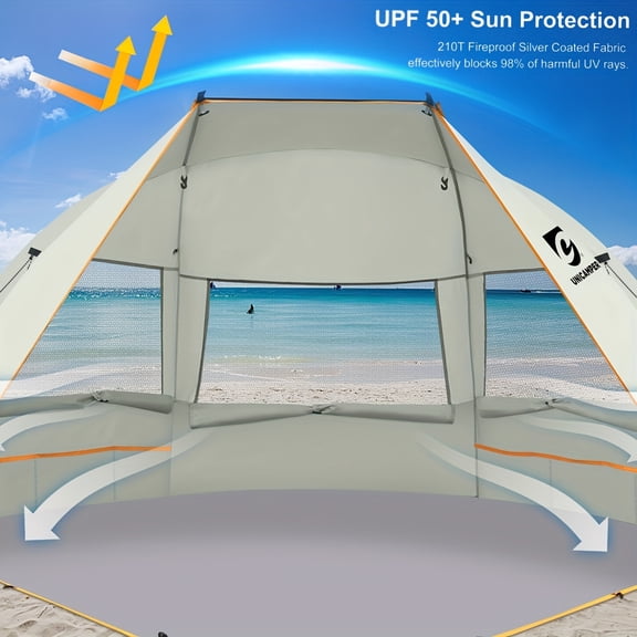 3-Person Beach Tent with UPF 50+ Sun Protection, Extended Waterproof PE Floor and 3 Mesh Roll-Up Windows, Portable Sun Shelter for Outdoor Camping, Fishing and Yard Use in Green