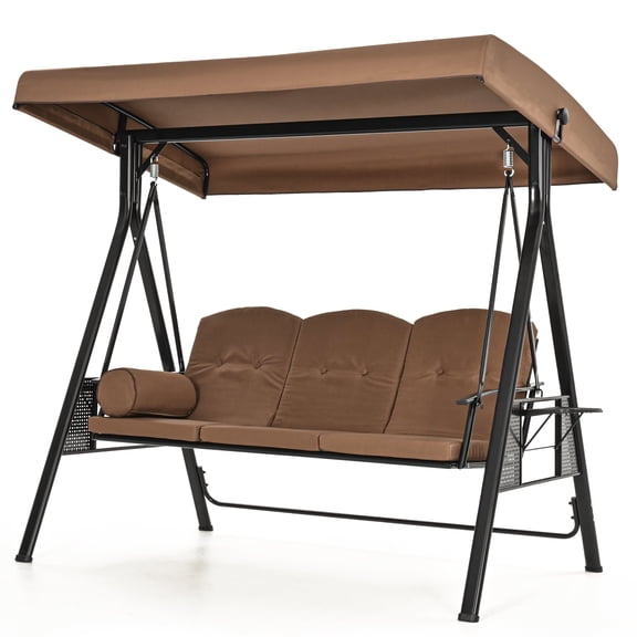 3-Person Brown Metal Patio Swing with Canopy and Cushions