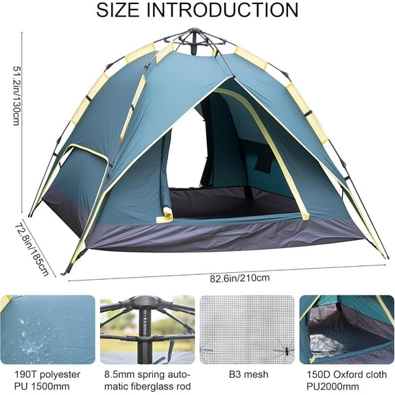 3-Person Camping Tent - Fully Automatic Waterproof Family Tent with Spacious Design