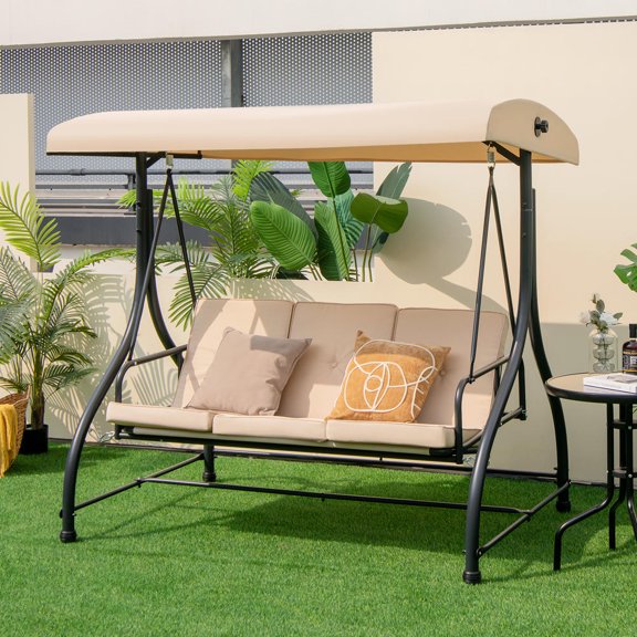 3-Person Convertible Outdoor Porch Swing Bed with 45-Degree Adjustable Canopy and Removable Cushion, Beige