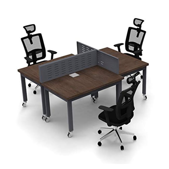 3 Person Desks Work Station Tables Model 6275 9 pc Group Java Graphite Compact Space (Tables, Power Bars, Chairs, Screens Included)