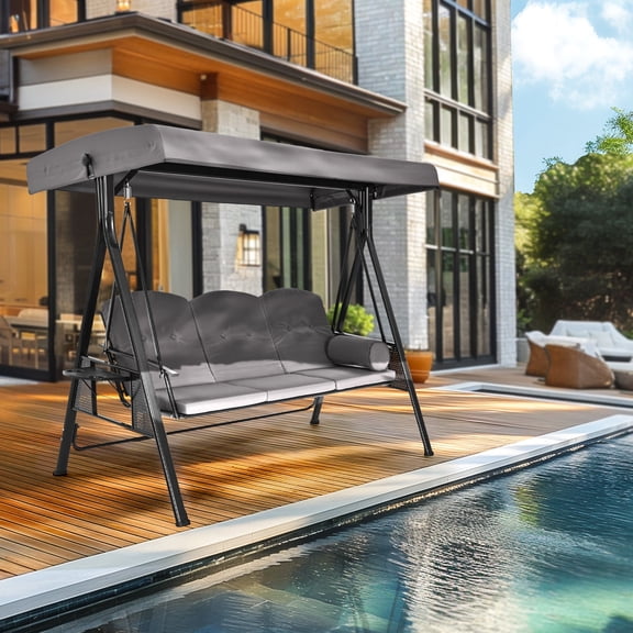 3-Person Gray Metal Patio Swing with Canopy and Cushions