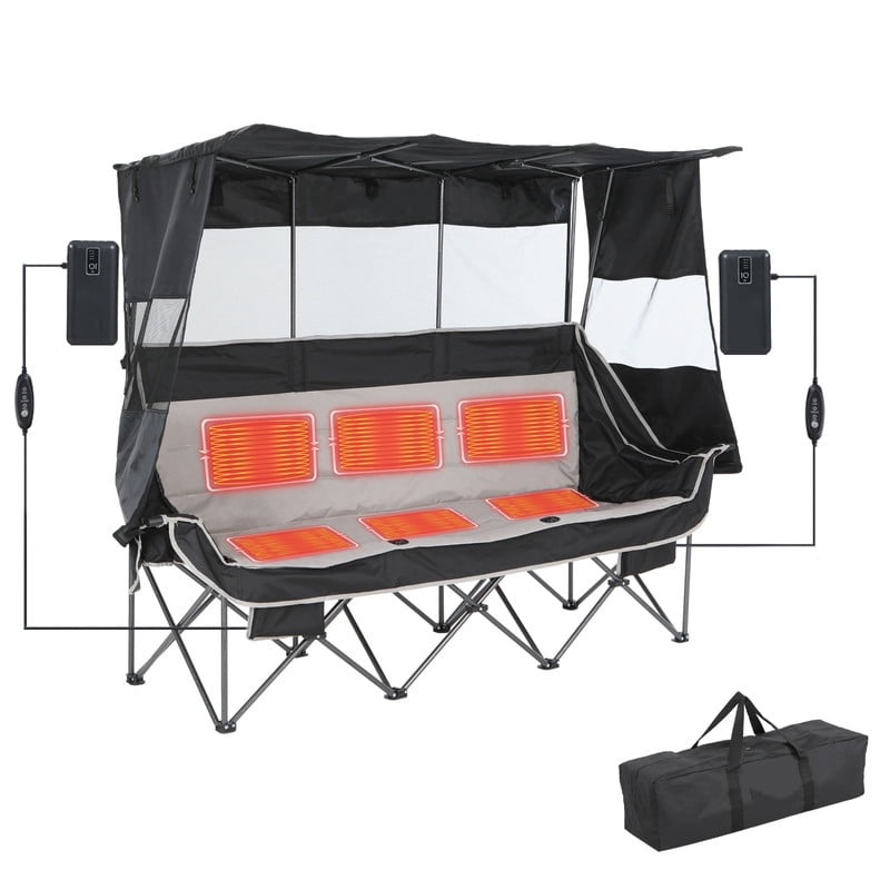 3-Person Heated Folding Camping Chair with Canopy, Oversized Heated Padded Outdoor Loveseat with Cooler, Cup Holders & Storage for Lawn, Beach & Events