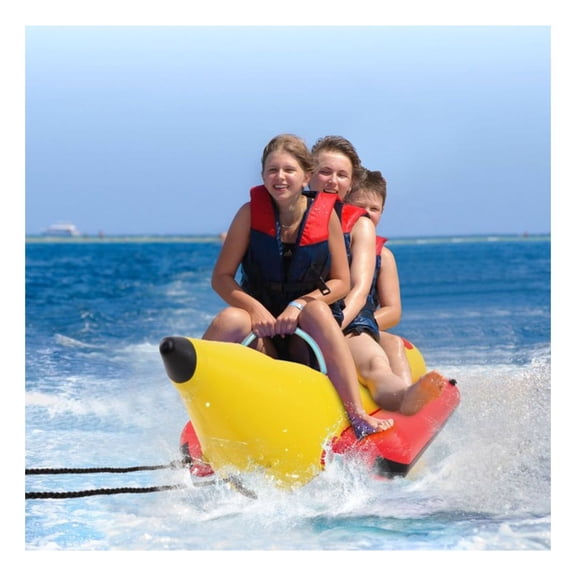 3 Person Inflatable Banana Boat with Electric Pump - Red/Yellow Towable Tube, 118in x 37.5in, 462lbs Capacity, Repair Kit & Carry Bag Included