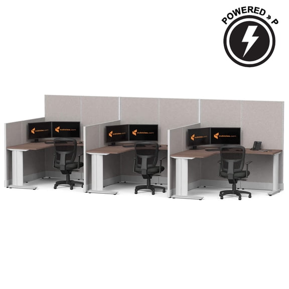 3 Person Inline L Shaped Powered Cubicle Desk Set, Modular Office Workstation with 47" & 67" Privacy Panels, Built-In Power, Cable Management, Steel Frame