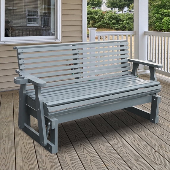 2-Person Outdoor Glider Bench - 800lb Capacity, All-Weather Wooden Rocking Chair with Cup Holders, Grey