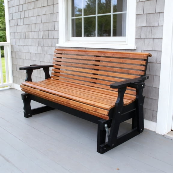 2 Person Outdoor Glider Bench with 800lb Capacity, All-Weather Wooden Rocking Chair with Cup Holders, Dark Grey and Brown