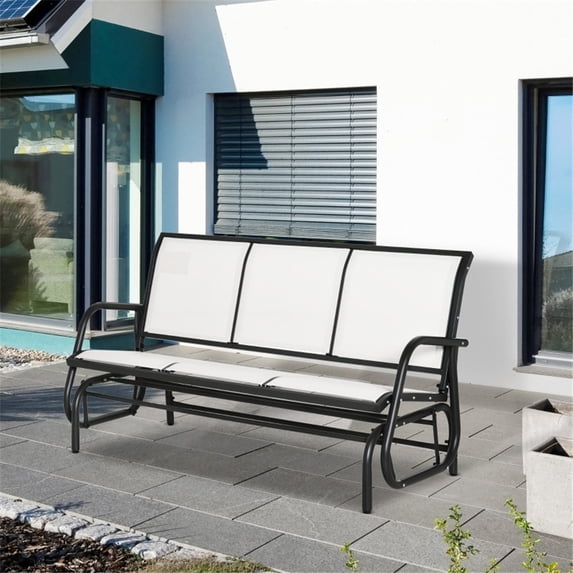 3-Person Patio Glider Bench, Outdoor Porch Glider Swing with 3 Seats, Breathable Mesh Fabric, Metal Frame, White