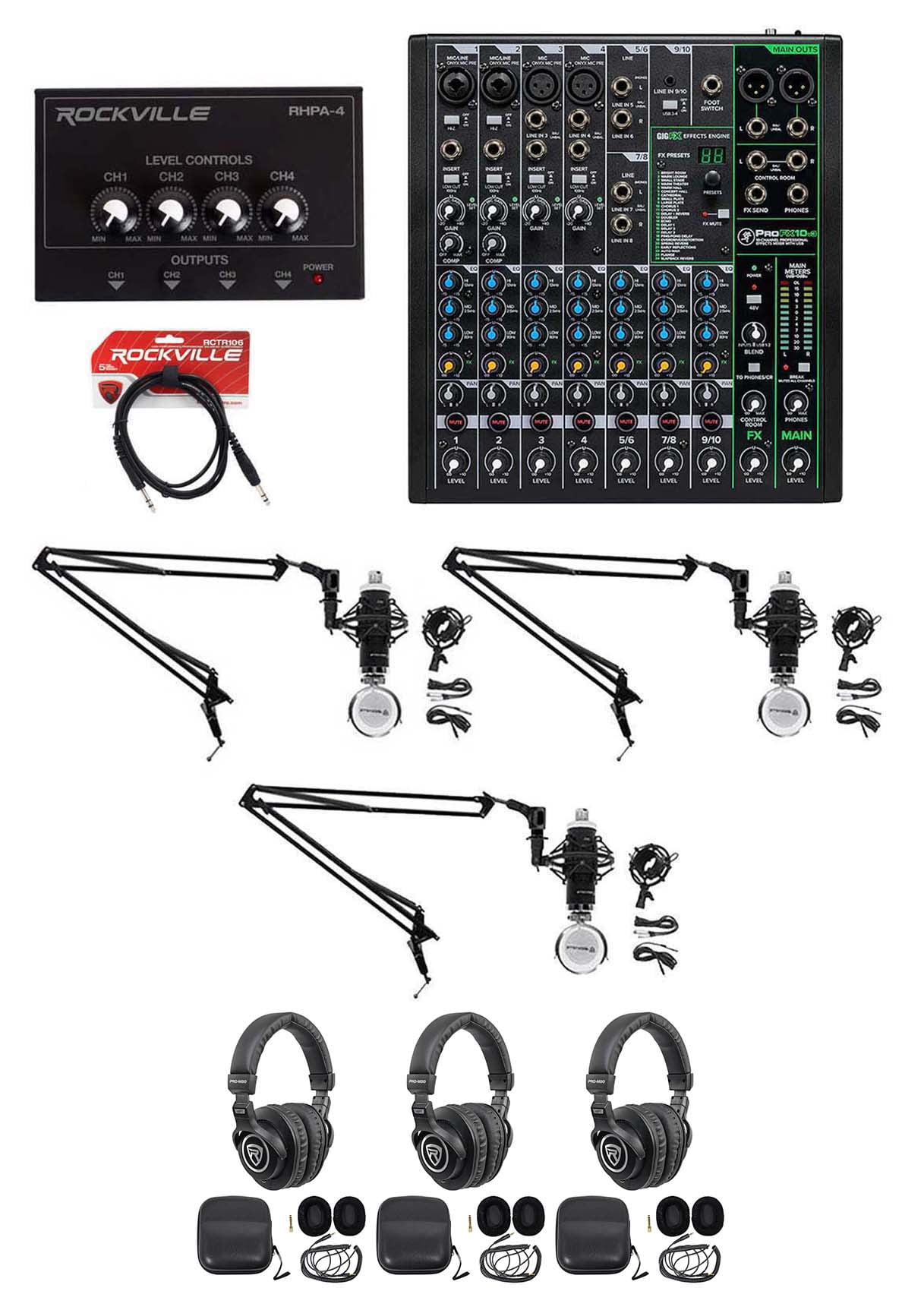 3-Person Podcast Podcasting Recording Kit w/Mackie ProFX10 v3 Mixer+Boom Arms