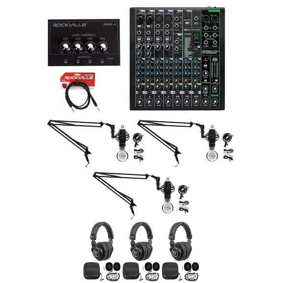 3-Person Podcast Podcasting Recording Kit w/Mackie ProFX10 v3 Mixer+Boom Arms