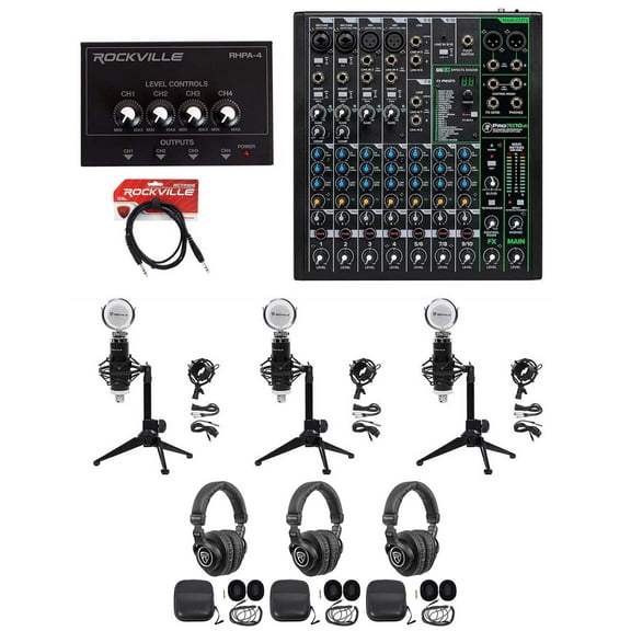 3-Person Podcast Podcasting Recording Kit w/Mackie ProFX10 v3 Mixer+Desk Stands