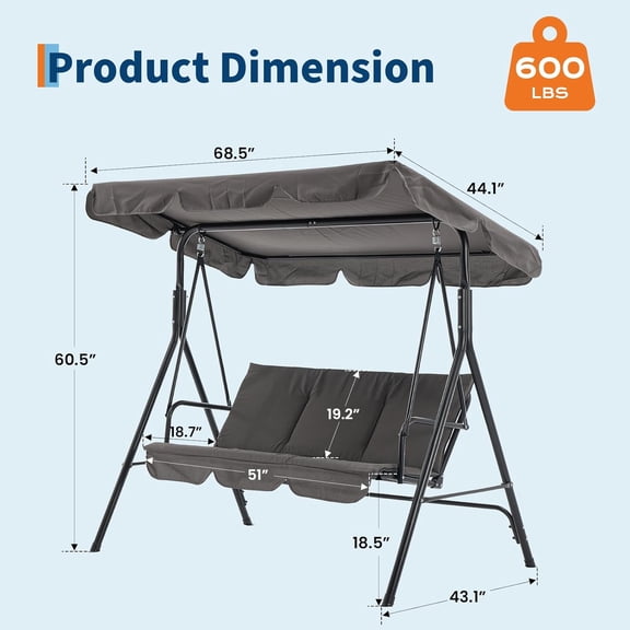 3 Person Porch Swing Chair with Adjustable Canopy and Armrests, Breathable Fabric Seat & Backrest, Outdoor Swing for Backyard Garden 600 Lbs Max Load