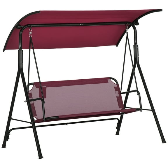 3-Person Porch Swing with Stand, Outdoor Swing for Patio Porch with Adjustable Tilt Canopy and Comfortable Swing Bench-Style Seat, Steel Frame, Wine Red