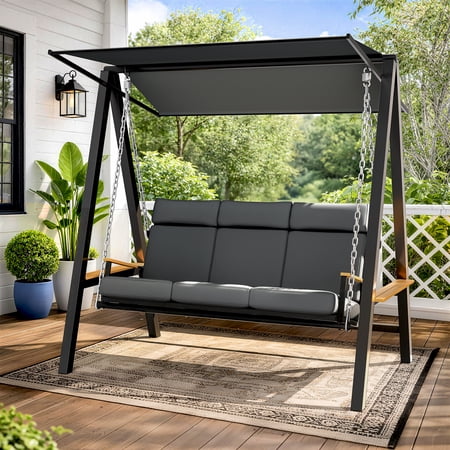 3 Person Porch Swing With Thick Cushions, Adaptive Pillow And Adjustable Canopy