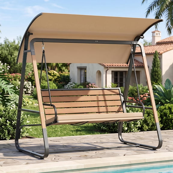 3-Person Porch Swing with Adjustable Canopy, Outdoor Swing, Beige