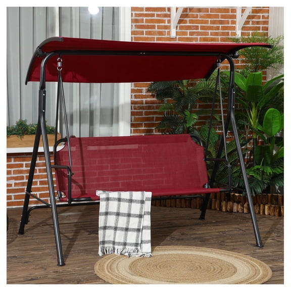 3-Person Porch Swing with Stand, Outdoor Patio Swing with Canopy, Steel Frame Wine Red