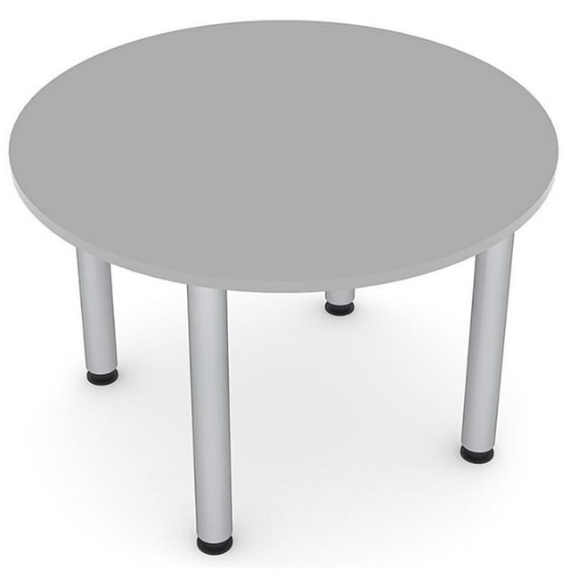 3 Person Round Conference Table Metal Post Legs 34" Engineered Wood Light Gray