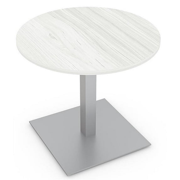 3 Person Round Conference Table Square Brushed Aluminum Base 34" White Cypress