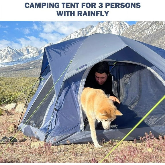 3 Person Tent for Camping, Waterproof Dome Tent with 2 Doors and Half Mesh Ceiling